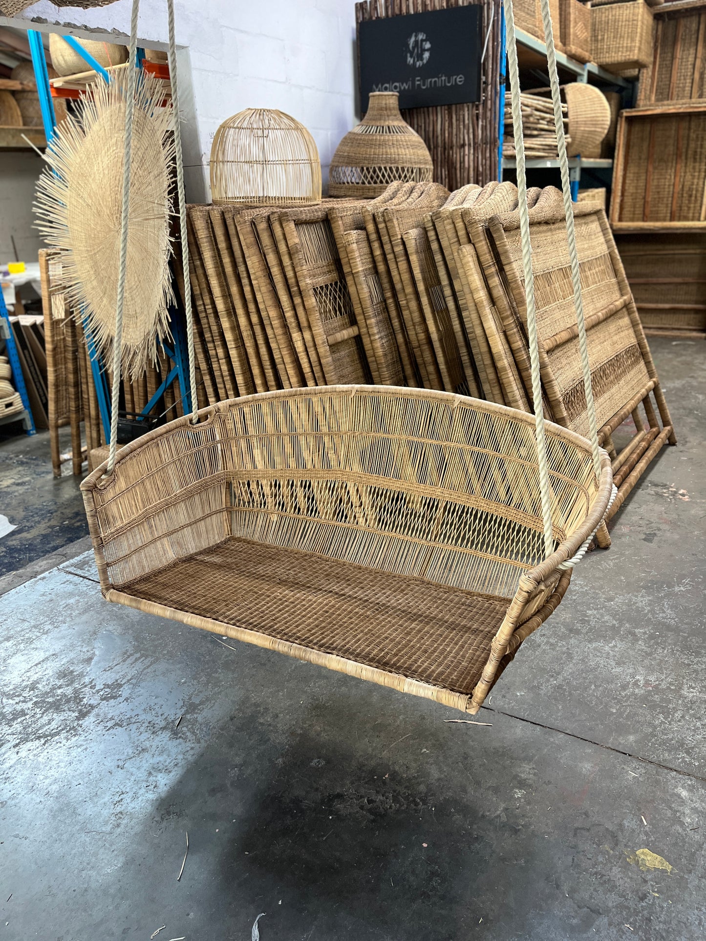 Hanging love seat chair couch malawi cane