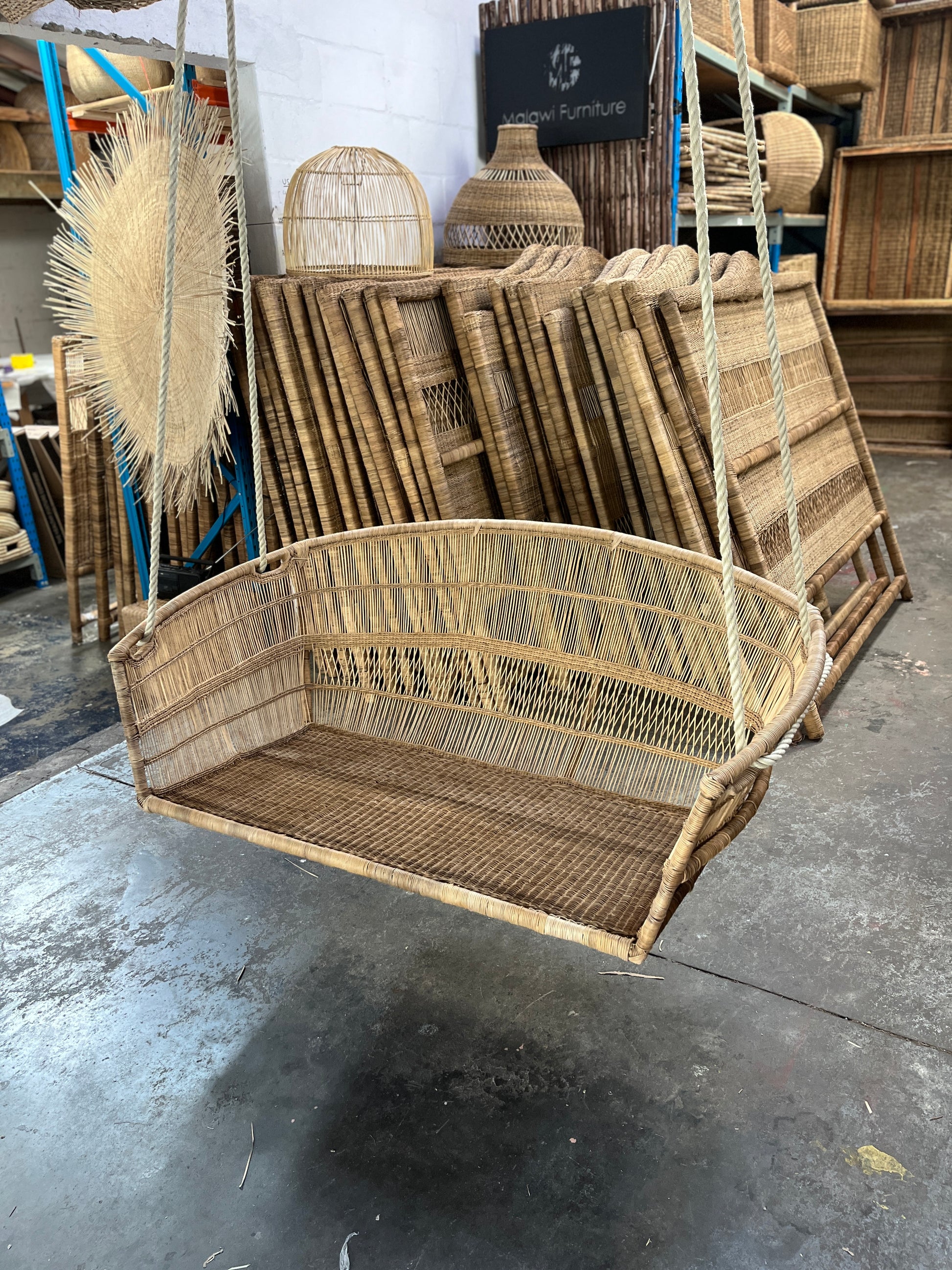 Hanging love seat chair couch malawi cane