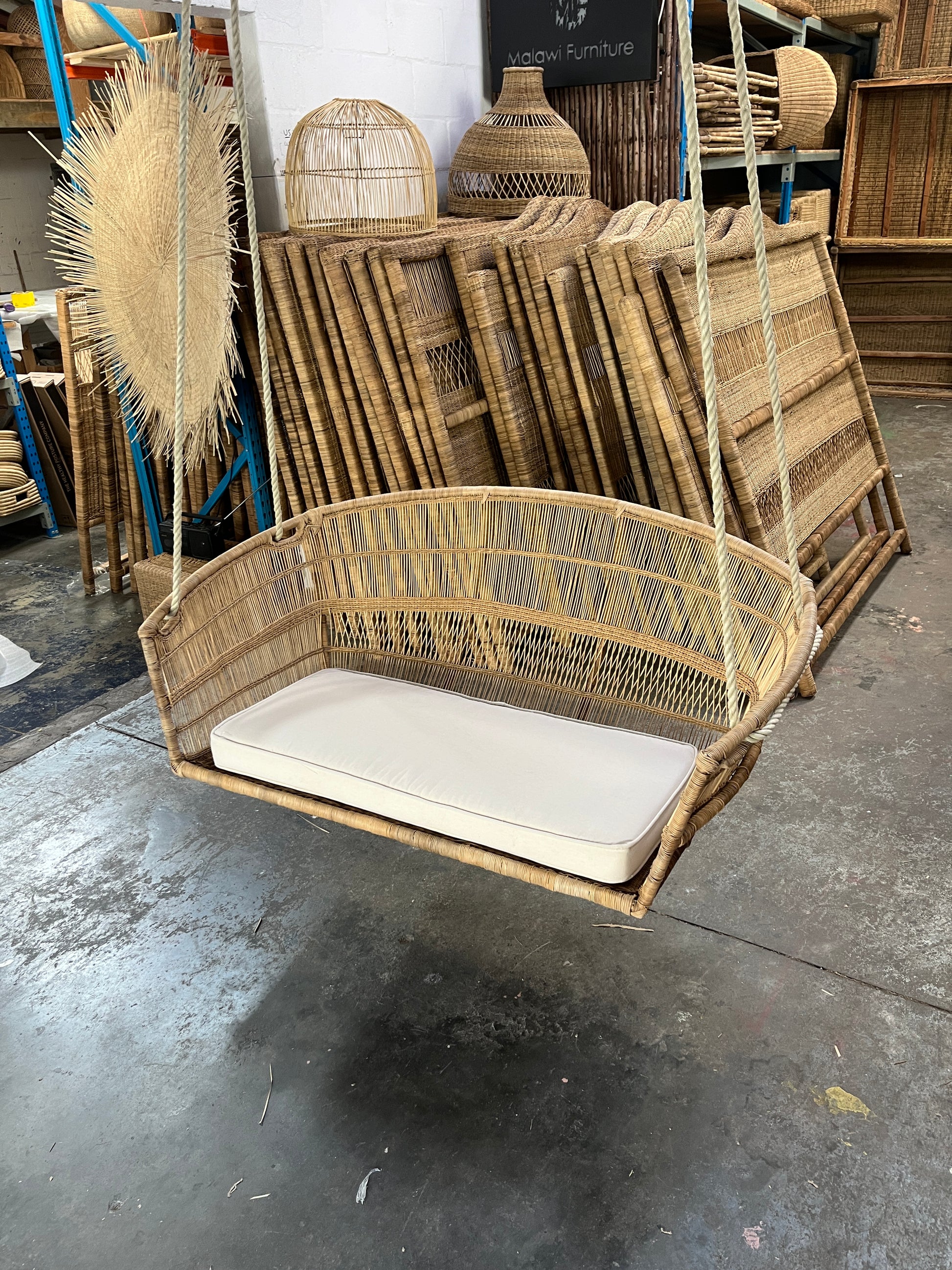 Hanging love seat chair couch malawi cane