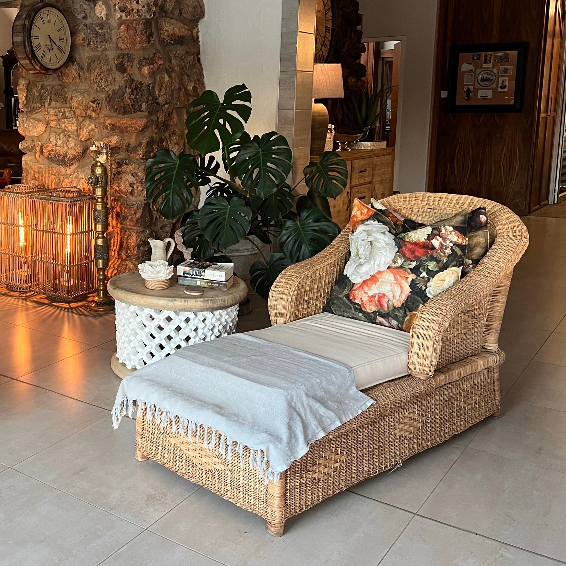 Malawi Classic Lounger with cushion outdoor patio sun bed recliner cane