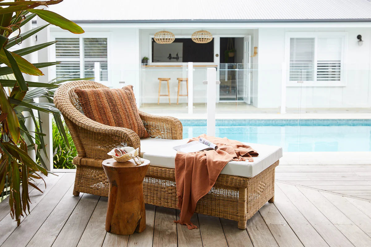 Malawi Classic Lounger with cushion outdoor patio sun bed recliner cane