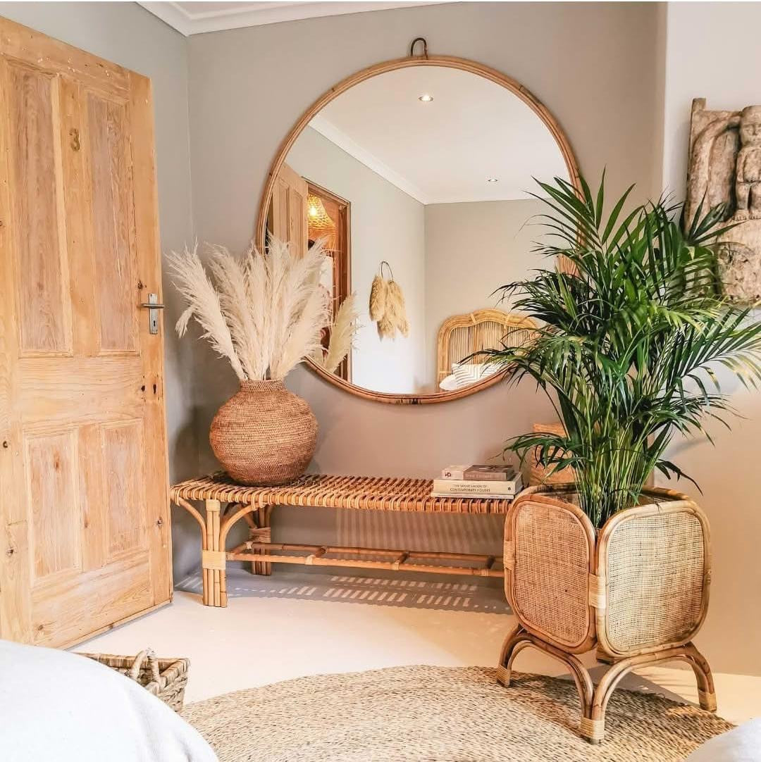 Malawian Buhera basket in natural room with cane furnishings