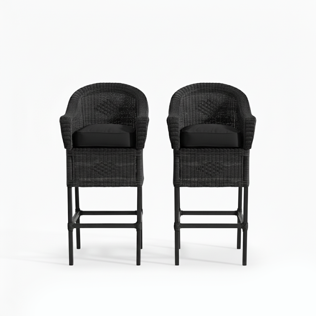 Malawi Furniture - 2 x Classic Bar Stools - Painted Black - With Black Cushions