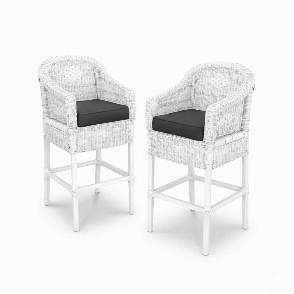 Malawi Furniture - 2 x Classic Bar Stool - Painted White With Black Cushion