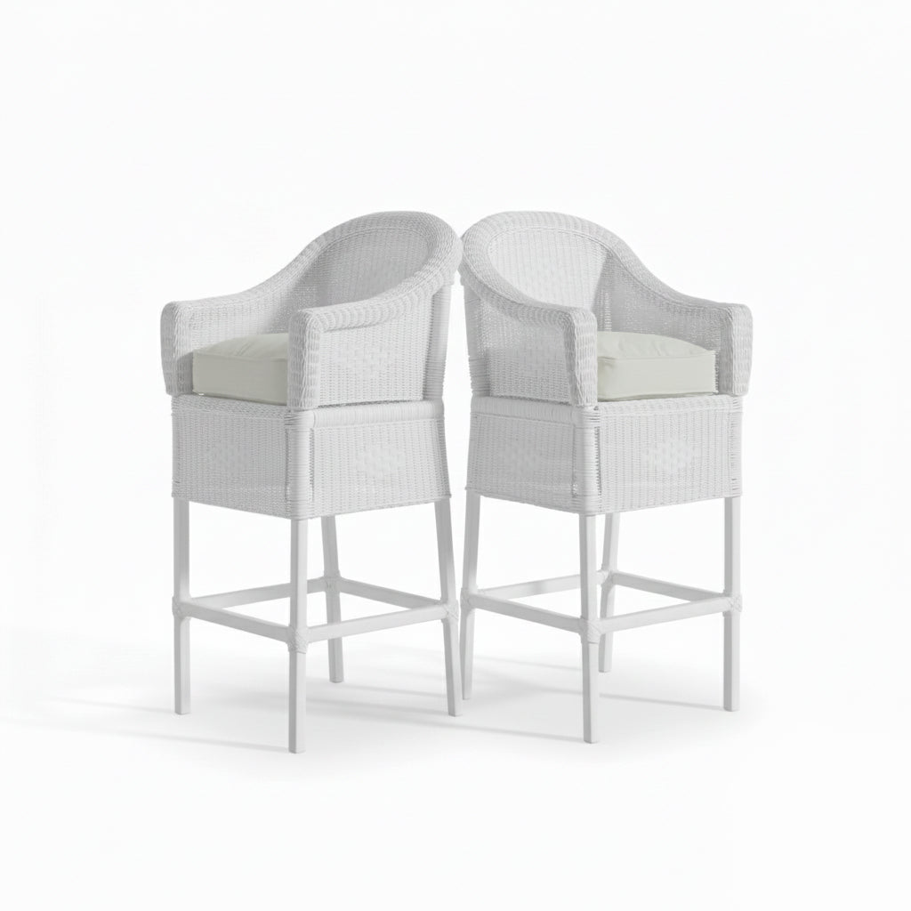 Malawi Furniture - 2 x Classic Bar Stools - Painted White - With White Cushions