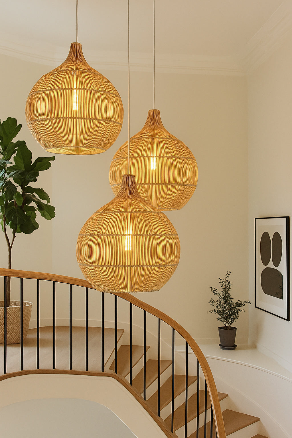 3 Bell Shaped Malawi Pendents over an elegant stairway