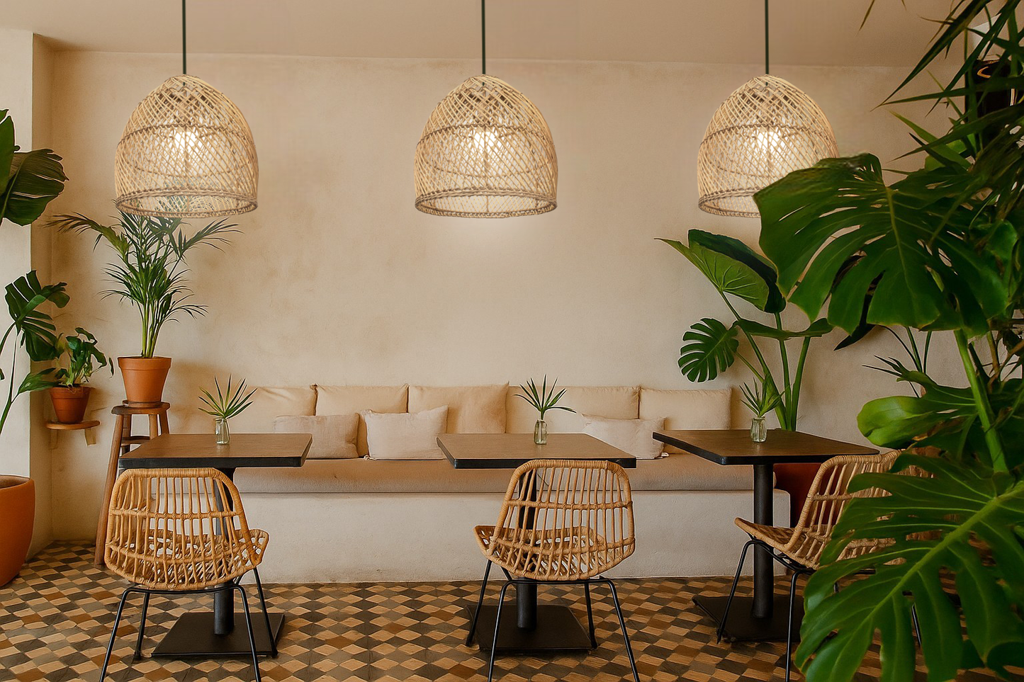 Malawi Furniture - Beehive Pendent Lampshade - Cafe setting