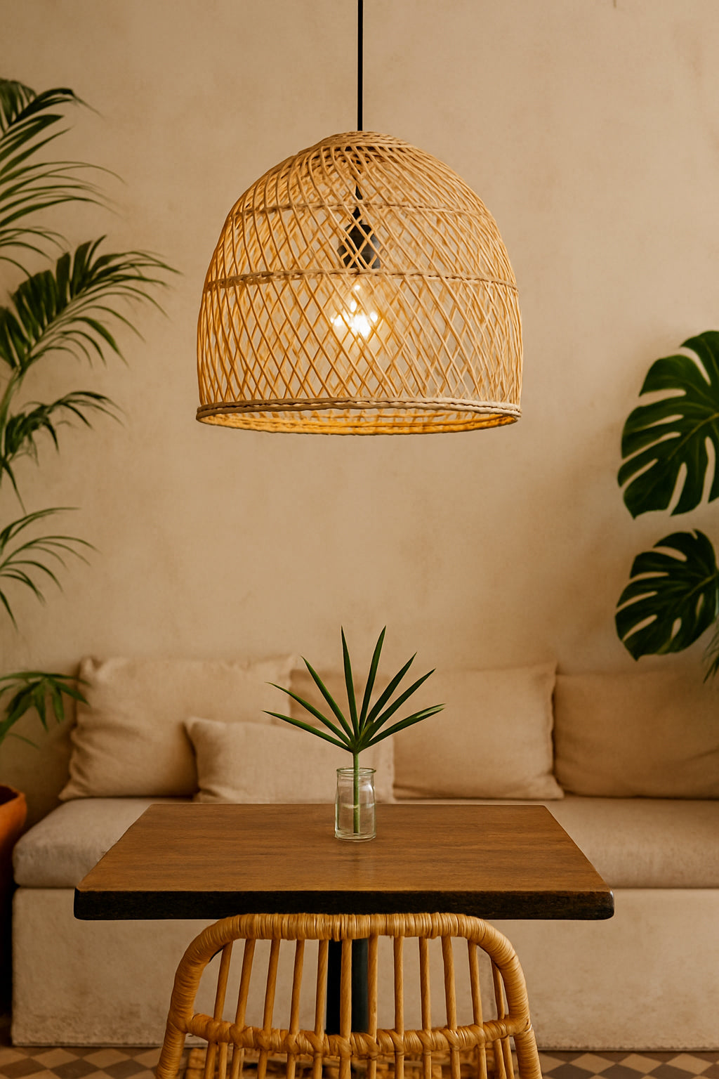 Malawi Cane Dome Pendant Single Over Cafe Table