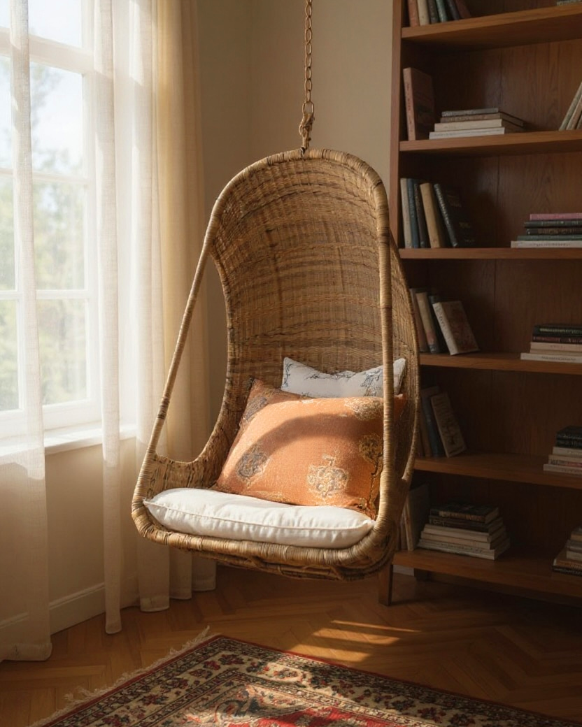 Hanging Egg Chair — A hand-woven, egg-shaped hanging chair crafted from natural Malawi cane. It features a spacious, cocoon-like form and is suspended by a looped rope above. The chair is shown with a soft, plush cushion inside, blending rustic artisanal texture with cozy modern comfort.
