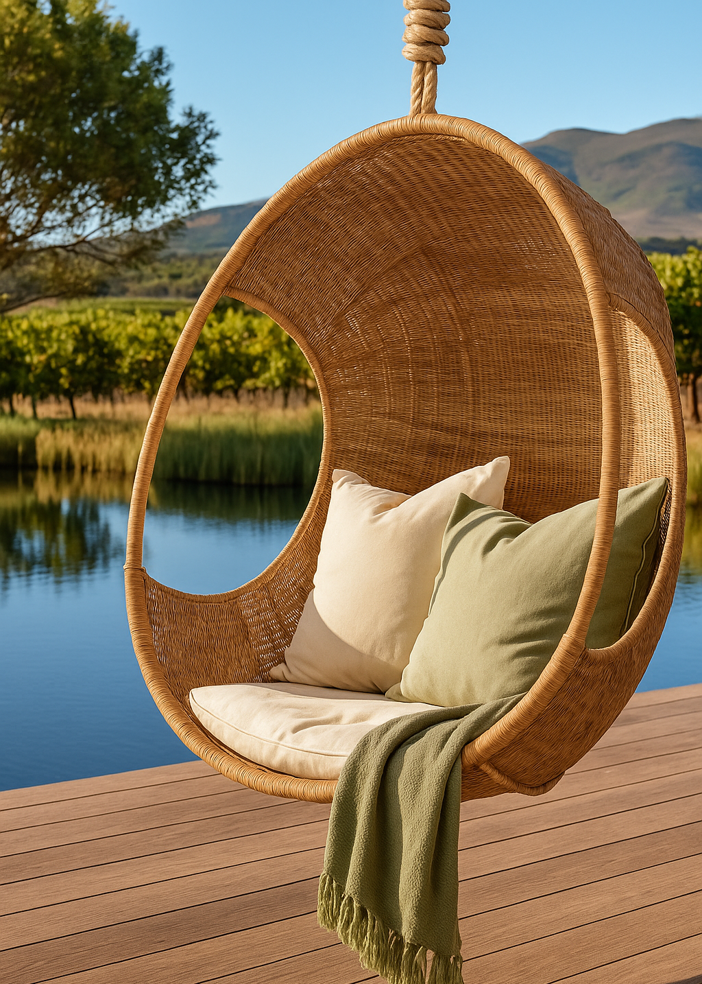 Hand-woven Malawi cane Hanging POD Chair with egg-shaped, cocoon-like structure suspended by sturdy rope, shown in natural finish. The chair features an open weave and rounded form designed as a personal relaxing sanctuary, with customizable detachable cushions (natural, white, or black) for added comfort.
