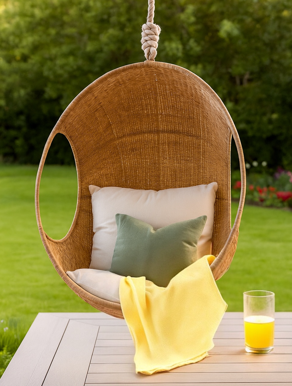 Hand-woven Malawi cane Hanging POD Chair with egg-shaped, cocoon-like structure suspended by sturdy rope, shown in natural finish. The chair features an open weave and rounded form designed as a personal relaxing sanctuary, with customisable detachable cushions (natural, white, or black) for added comfort.