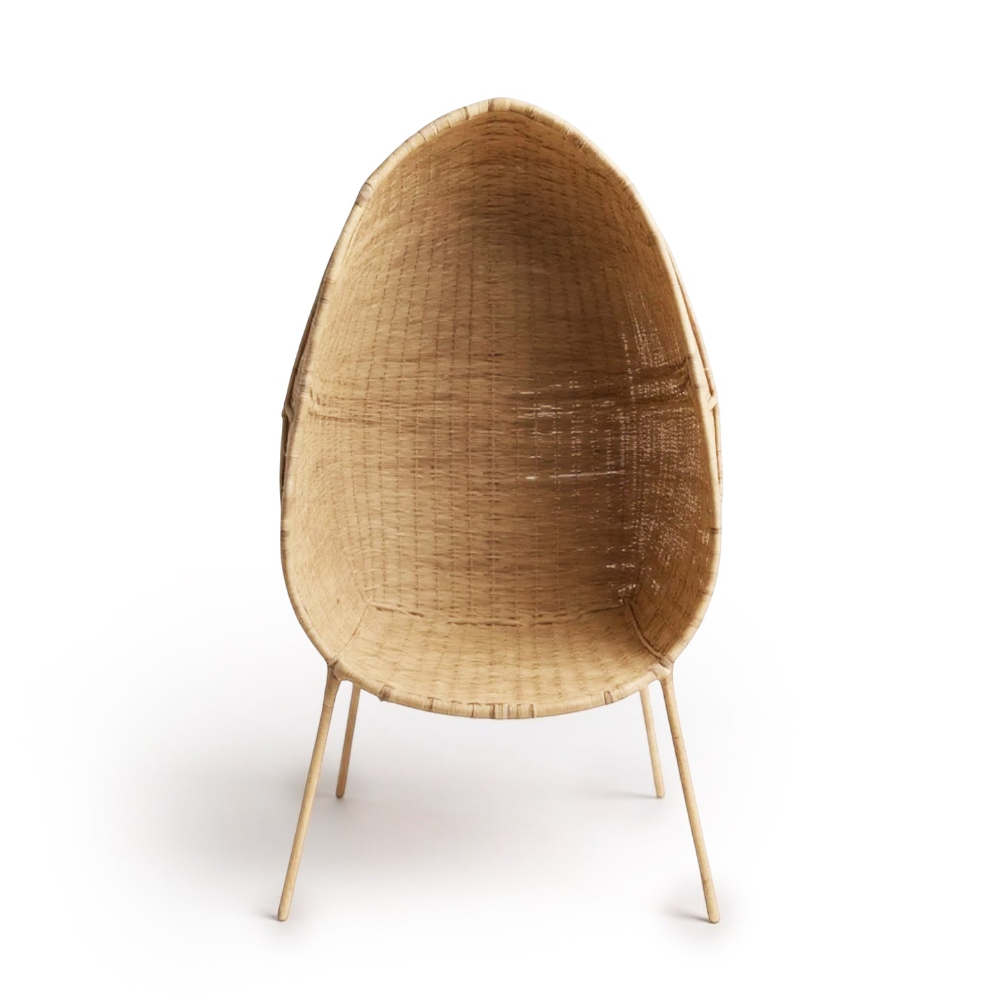 Standing EGG Chair — A handcrafted, egg-shaped chair woven from natural Malawian cane, featuring an elegant cocoon silhouette that rests on a sleek, four-legged metal stand. The chair includes a removable plush cushion (available in natural, white, or black) that enhances comfort and style. This artisanal piece combines organic textures with modern minimalism, making it a striking focal point for both indoor and outdoor spaces.