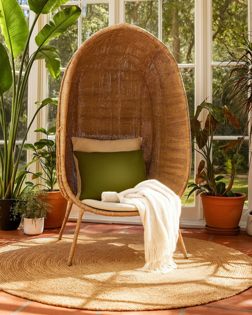 Standing EGG Chair — A handcrafted, egg-shaped chair woven from natural Malawian cane, featuring an elegant cocoon silhouette that rests on a sleek, four-legged metal stand. The chair includes a removable plush cushion (available in natural, white, or black) that enhances comfort and style. This artisanal piece combines organic textures with modern minimalism, making it a striking focal point for both indoor and outdoor spaces.