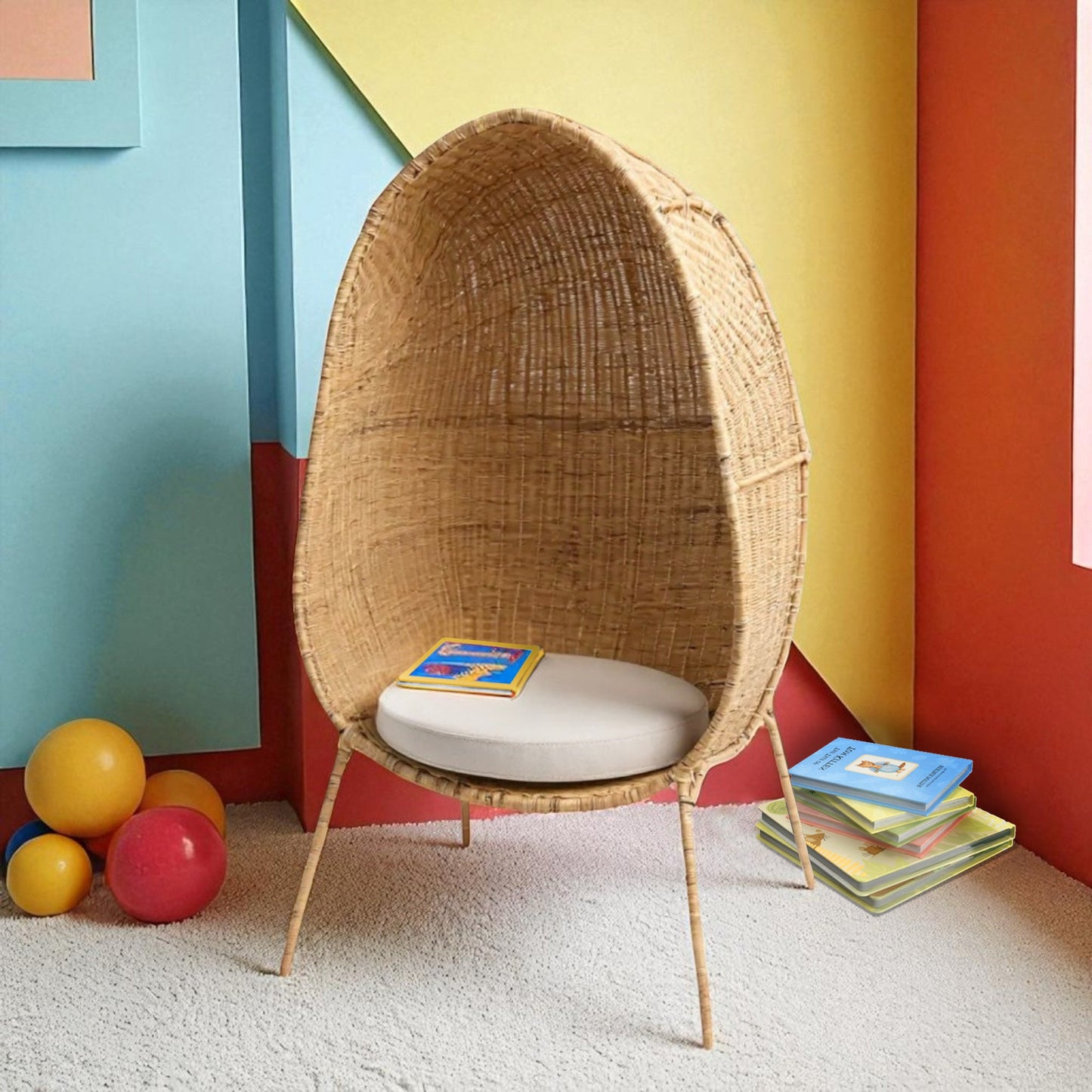 Standing EGG Chair — A handcrafted, egg-shaped chair woven from natural Malawian cane, featuring an elegant cocoon silhouette that rests on a sleek, four-legged metal stand. The chair includes a removable plush cushion (available in natural, white, or black) that enhances comfort and style. This artisanal piece combines organic textures with modern minimalism, making it a striking focal point for both indoor and outdoor spaces.