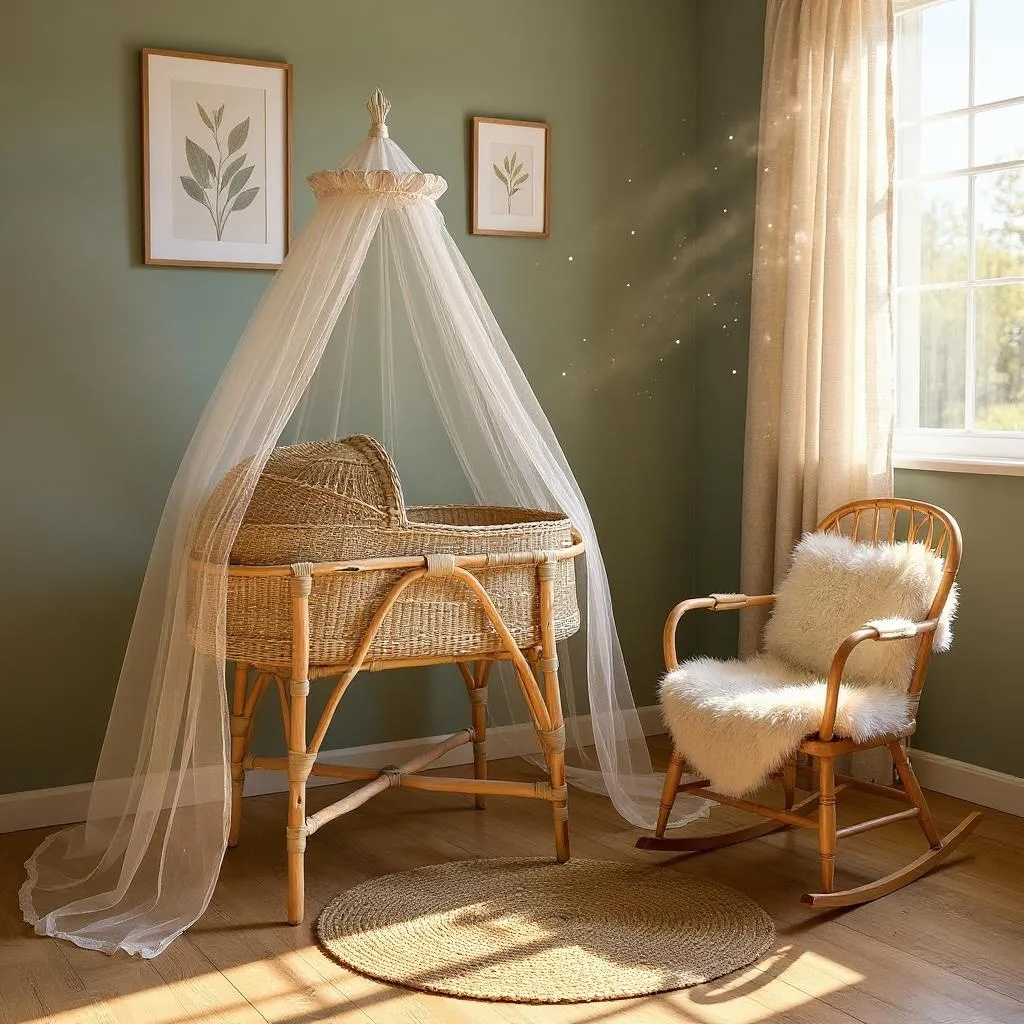 Nursery room with wicker crib, rocking chair, and framed artwork on a green wall.