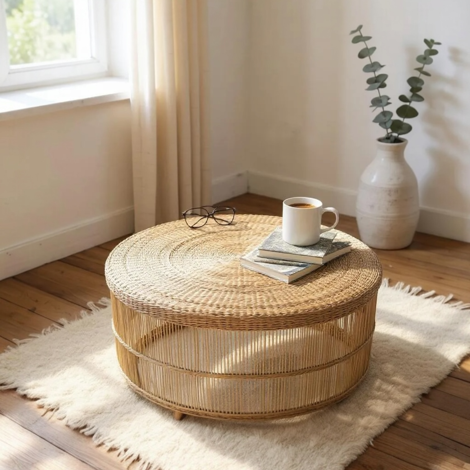 Large Round Malawi Coffee Table hand weaved woven rattan cane side table coffee