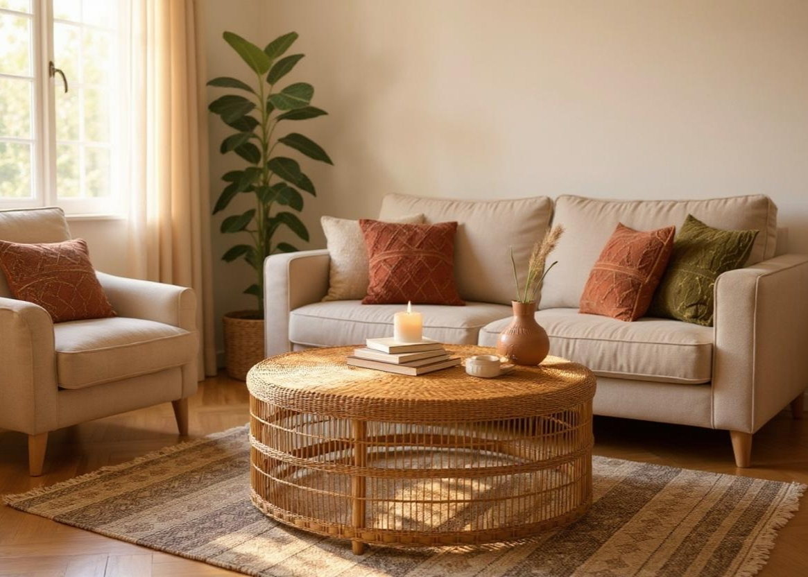 Large Round Malawi Coffee Table hand weaved woven rattan cane side table coffee