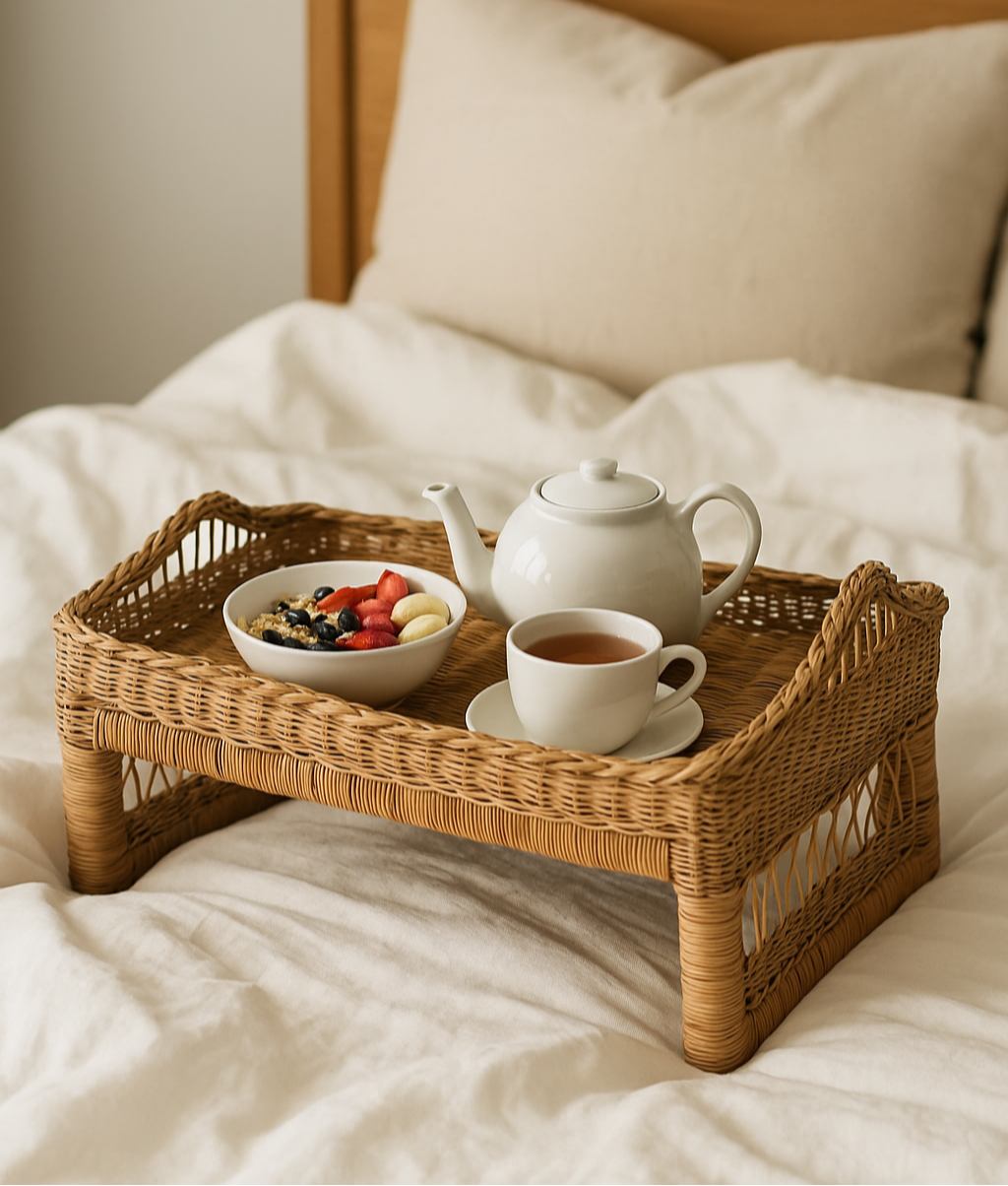 Wicker tray with tea set and snacks on a bed