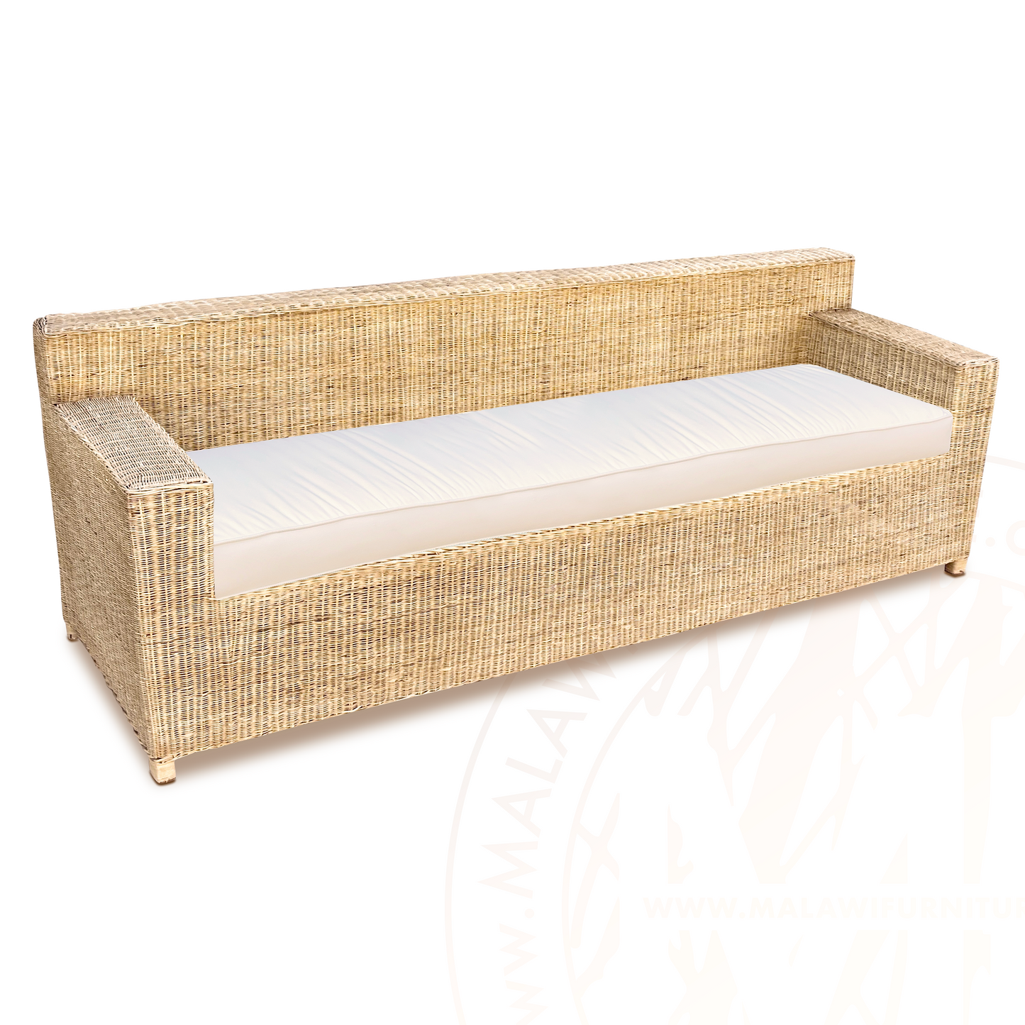 BOX Malawi Couch – Three Seater hand weaved woven rattan cane chair malawi with bull denim cotton cushion natural colour