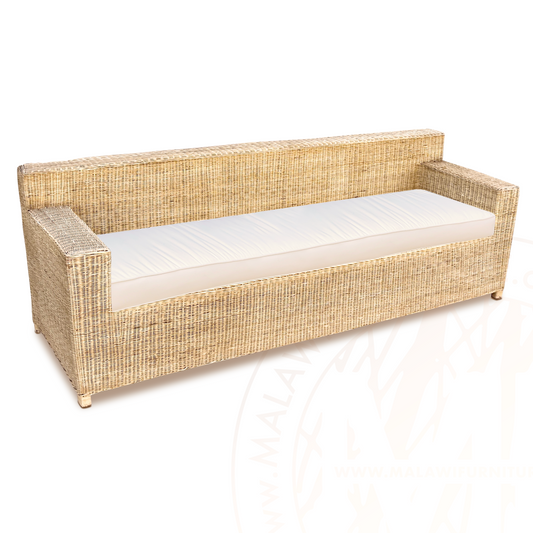 BOX Malawi Couch – Three Seater hand weaved woven rattan cane chair malawi with bull denim cotton cushion natural colour