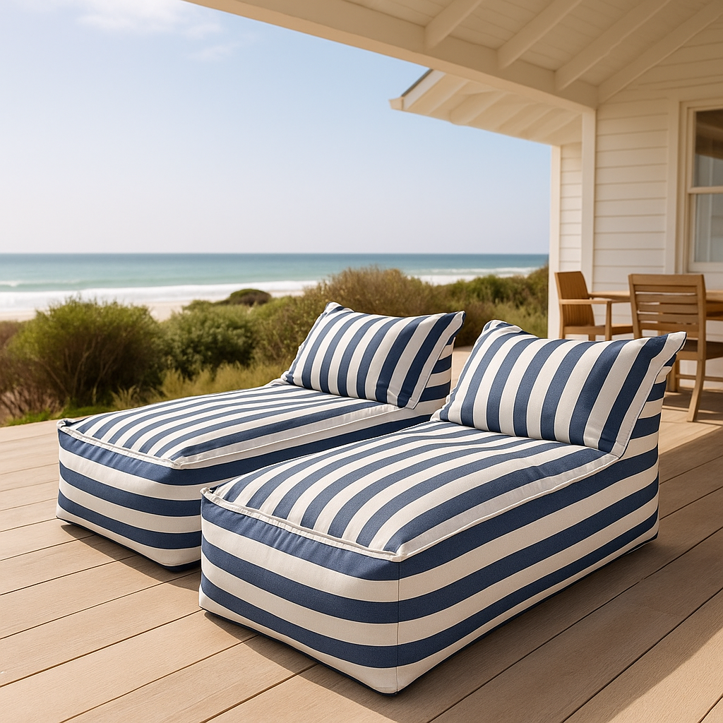 Blue and white striped outdoor lounge chairs on a wooden deck with a beach view.