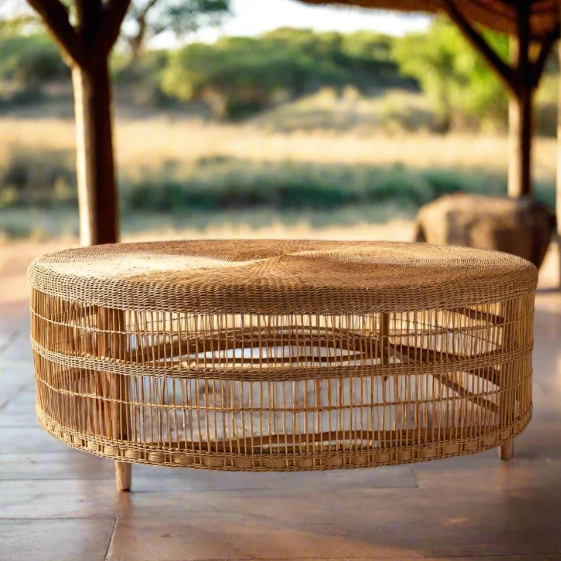 Large Round Malawi Coffee Table hand weaved woven rattan cane side table coffee