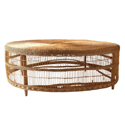 Large Round Malawi Coffee Table hand weaved woven rattan cane side table coffee