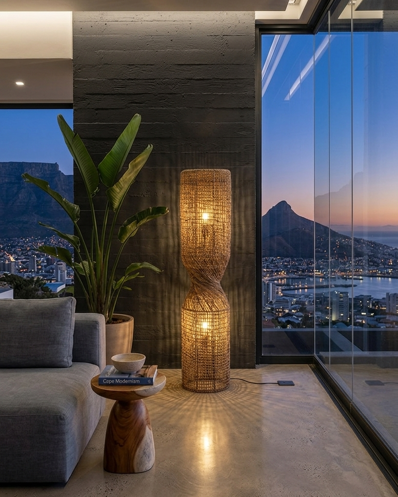 Modern living room with a large window view of a cityscape at dusk. Cape Town Twisted Cage Floor Lamp
