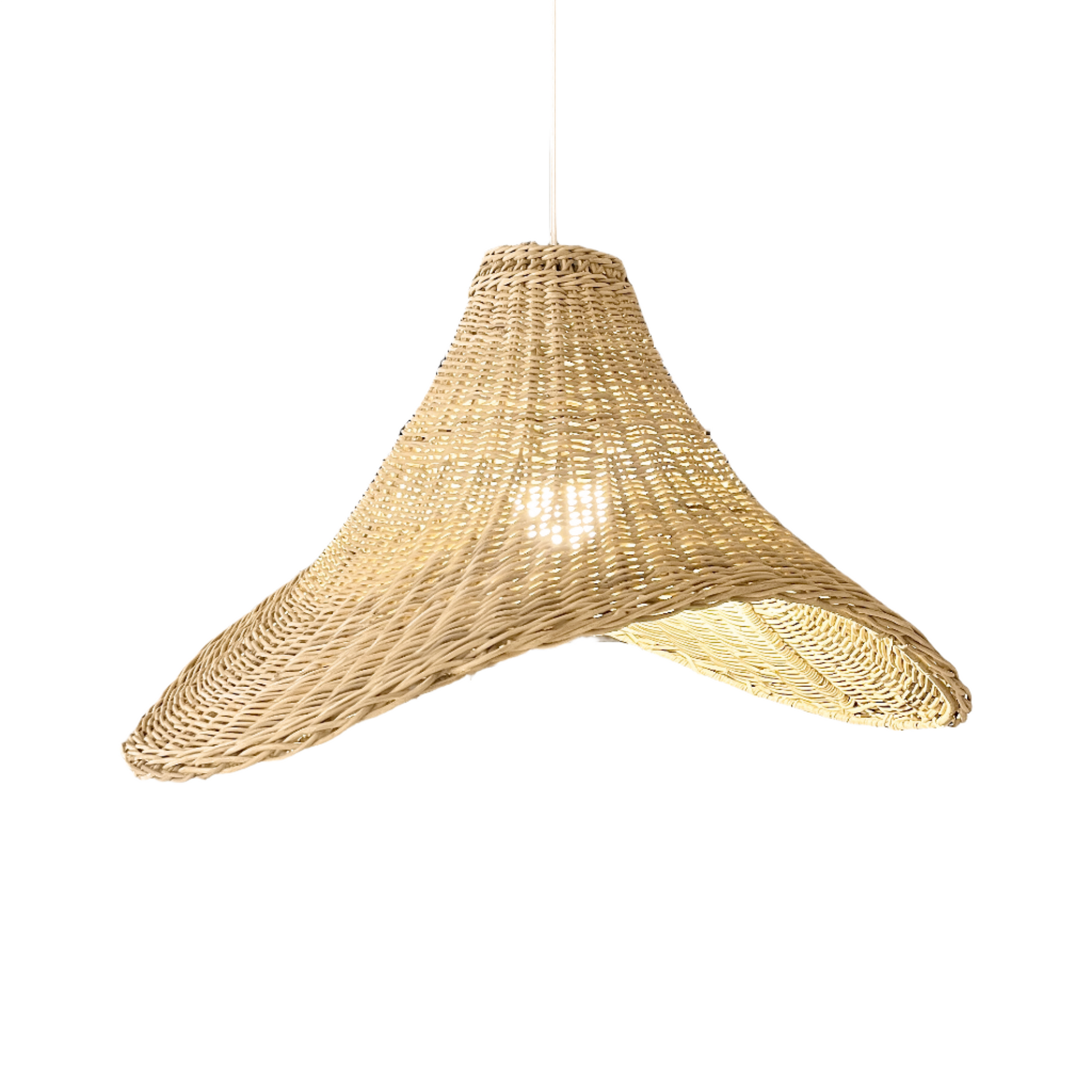 Transform your living space into a serene haven with our handcrafted Malawi Wave pendant lampshade. Made from Malawi cane by skilled artisans, its intricate weave patterns and organic shape create a captivating focal point. Experience the warm, dappled light and rich heritage of this unique piece, perfect for solo display or enchanting clusters.