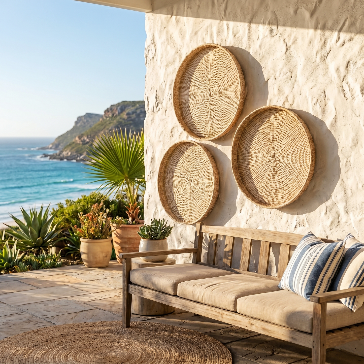 Woven Ilala Palm Trays - Extra Large on Patio