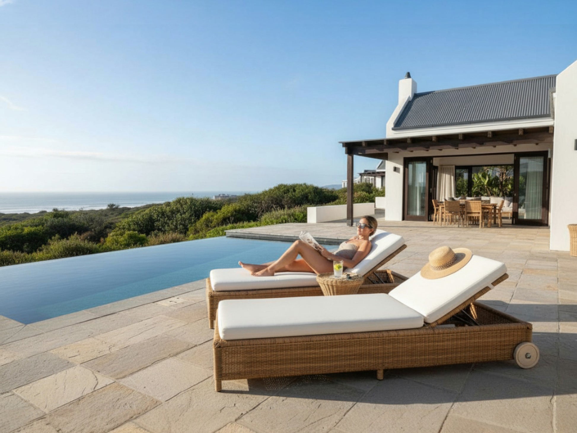 Woman reading a book on a lounge chair by an infinity pool with a scenic view.