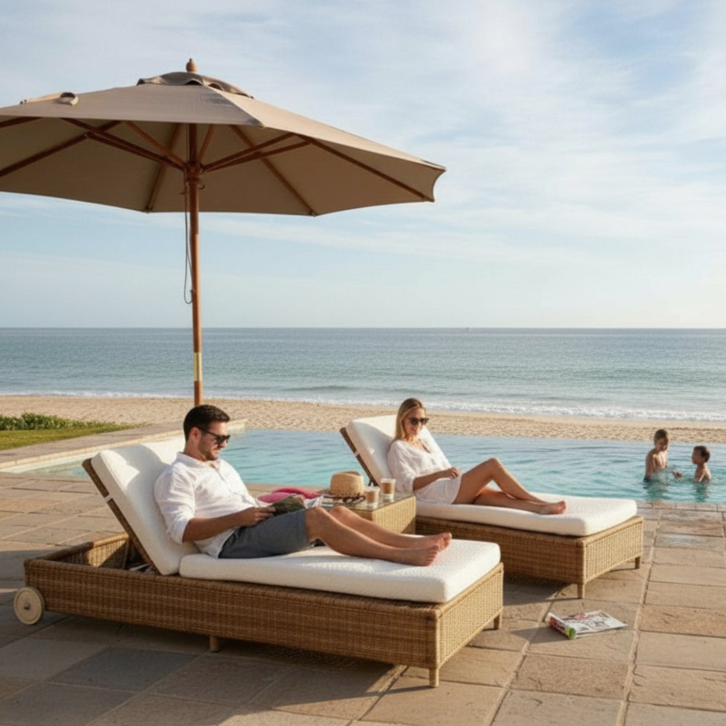 Two people relaxing on lounge chairs by a pool with ocean view