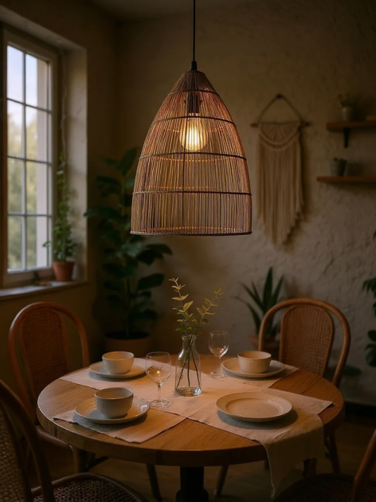 Tall Beehive Lampshade of a round dinner table in the evening