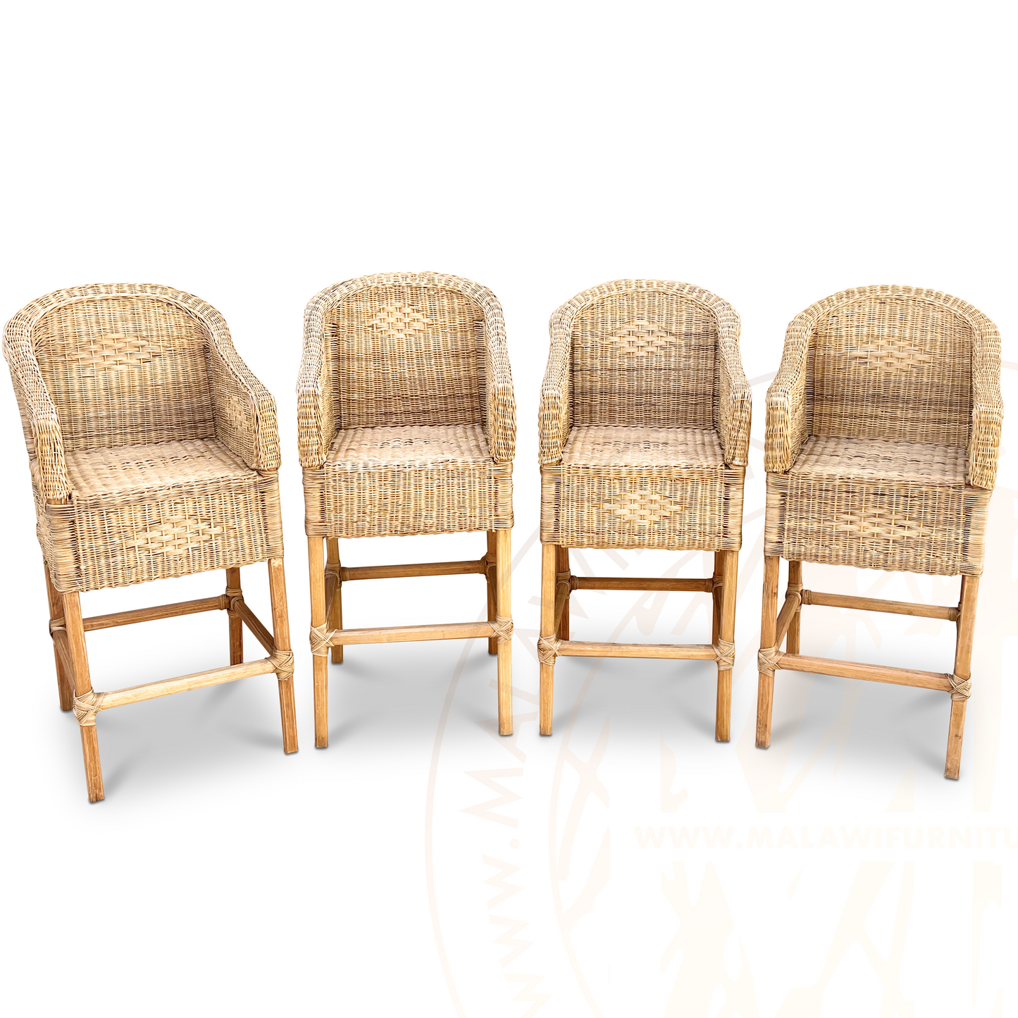 Classic Malawian cane bar stools with natural finishes. Handmade comfort. Authentic, natural tones bring a warm and inviting feel to any space. Close Up