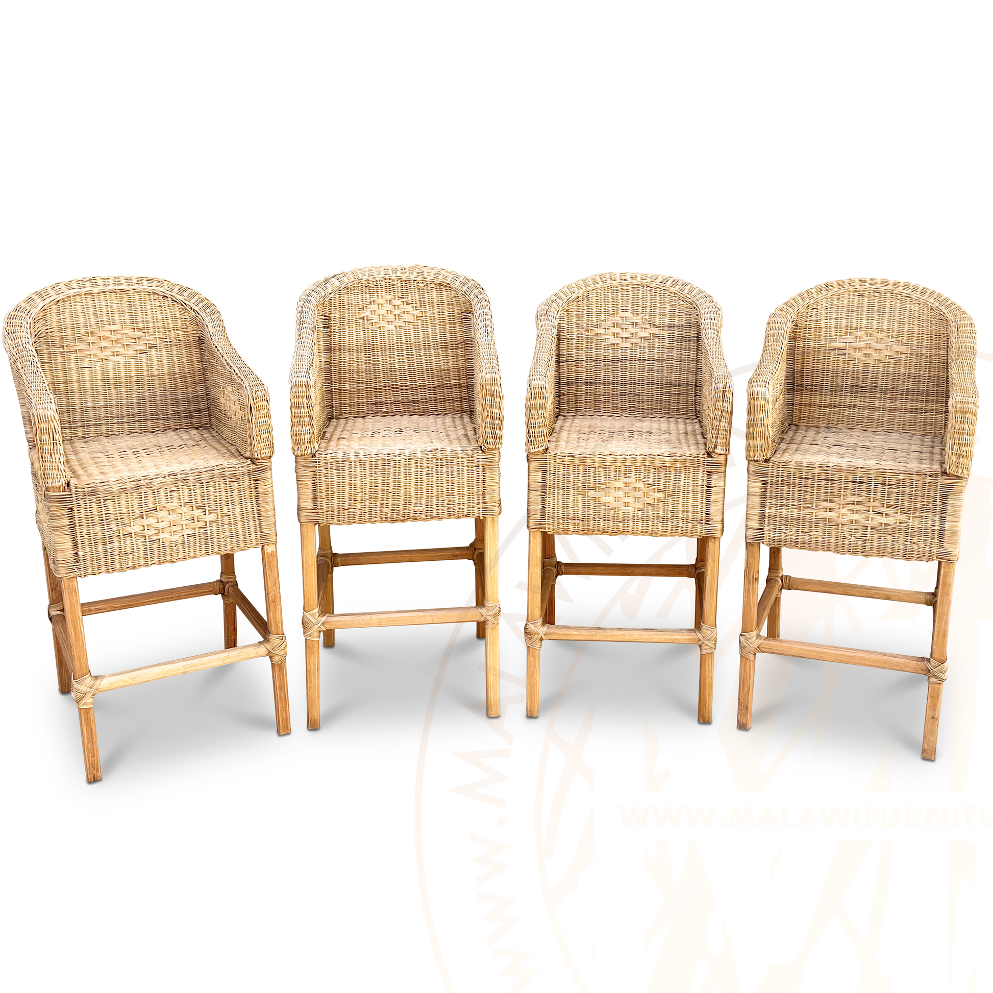Classic Malawian cane bar stools with natural finishes. Handmade comfort. Authentic, natural tones bring a warm and inviting feel to any space. Close Up