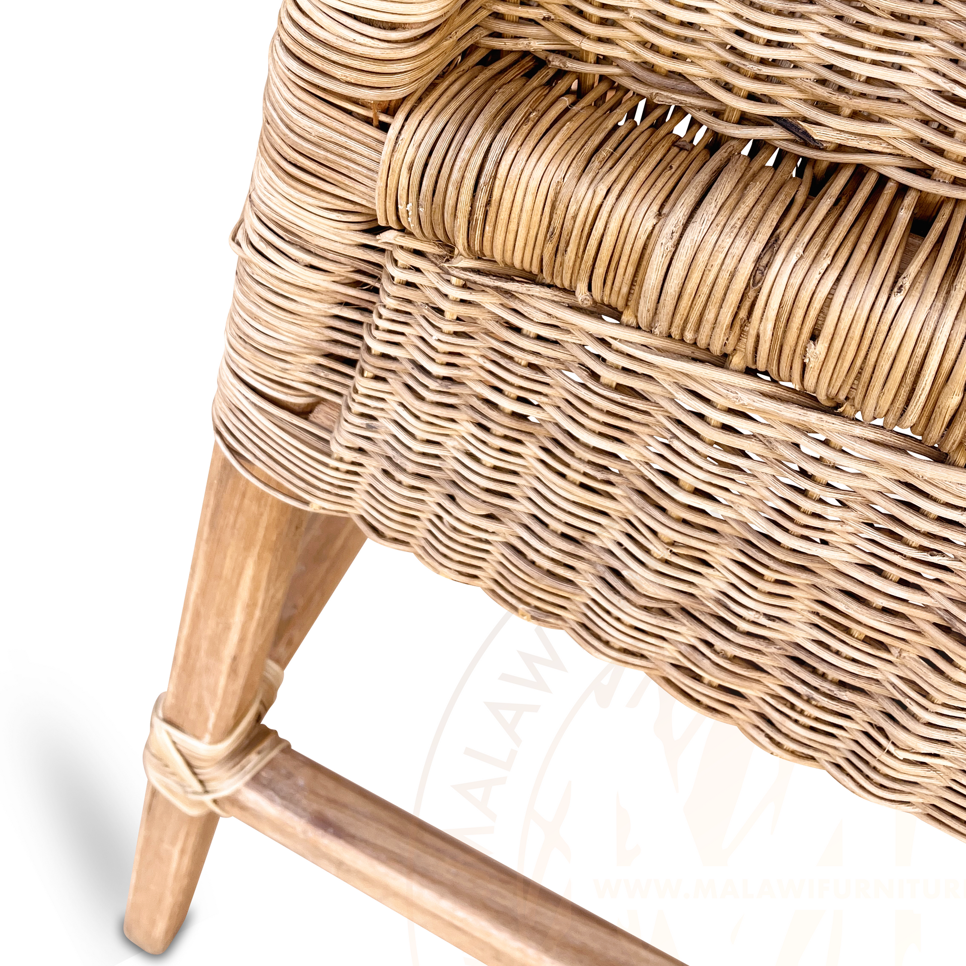 Classic Malawian cane bar stools with natural finishes. Handmade comfort. Authentic, natural tones bring a warm and inviting feel to any space. Close Up