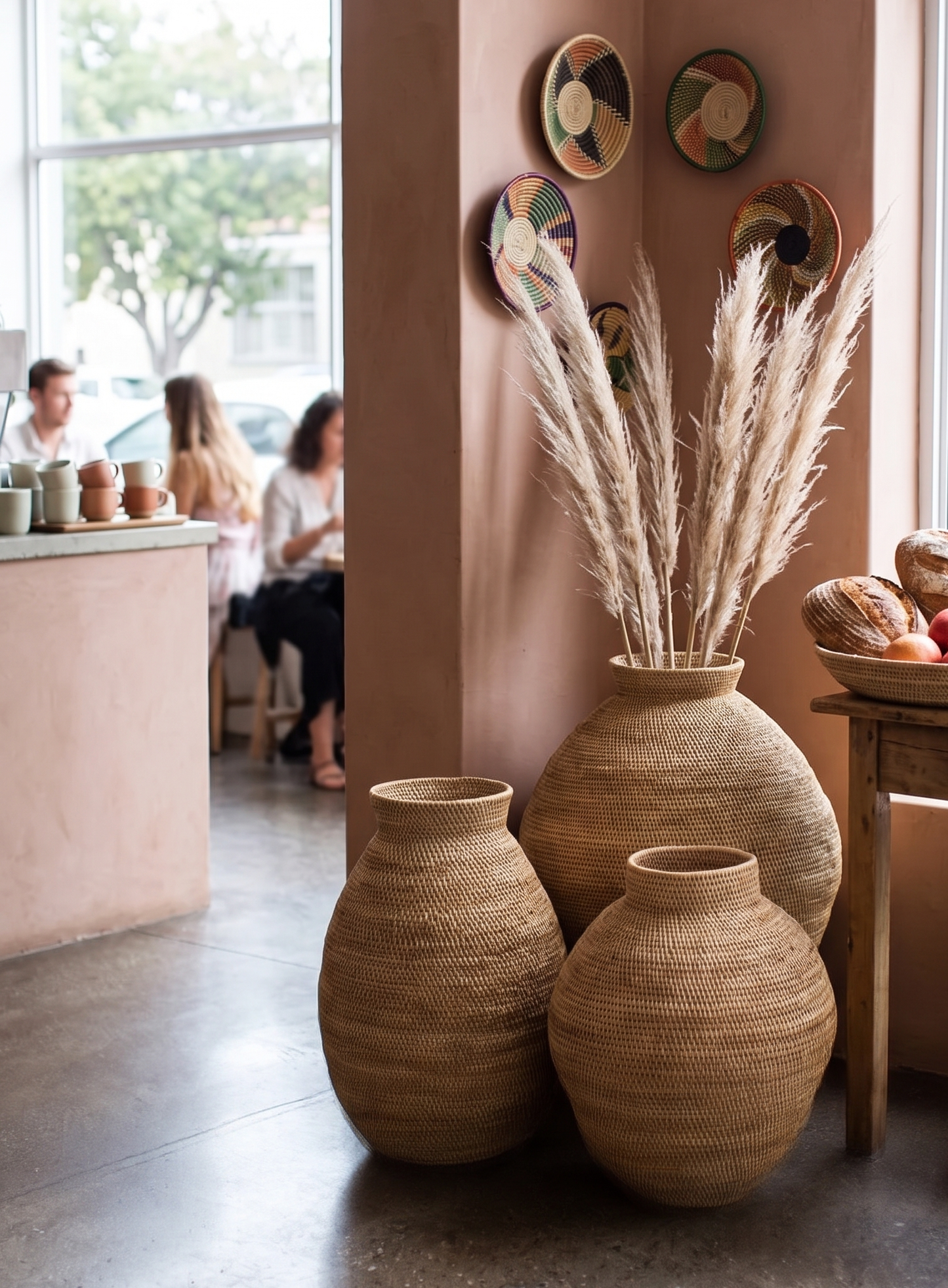 Collection of 3 Buhera Baskets in cafe.
