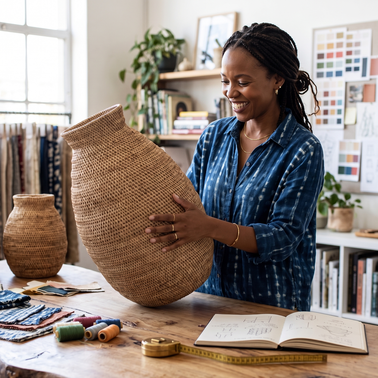 Interior designer inspecting the weave of the Buhera Basket