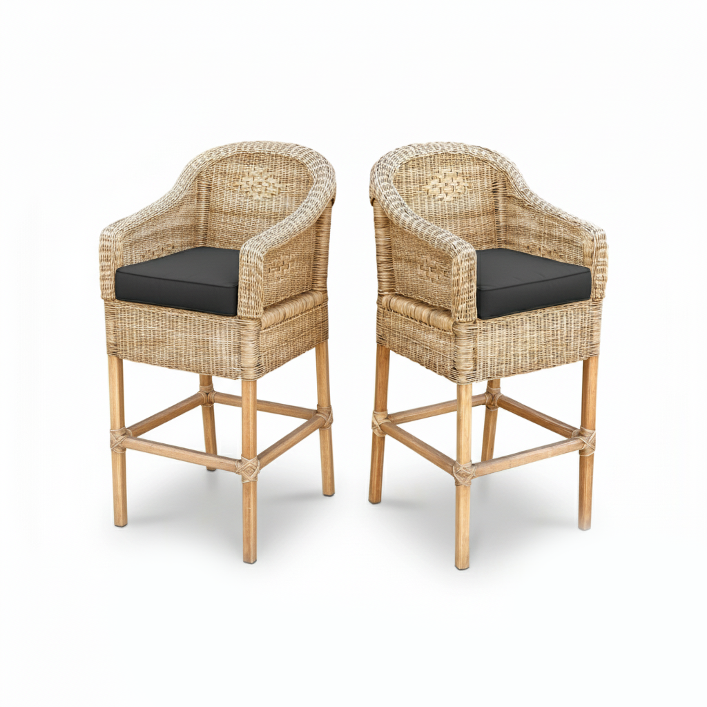Malawi Furniture - 2 x Classic Bar Stools - Natural - With Black Cushions