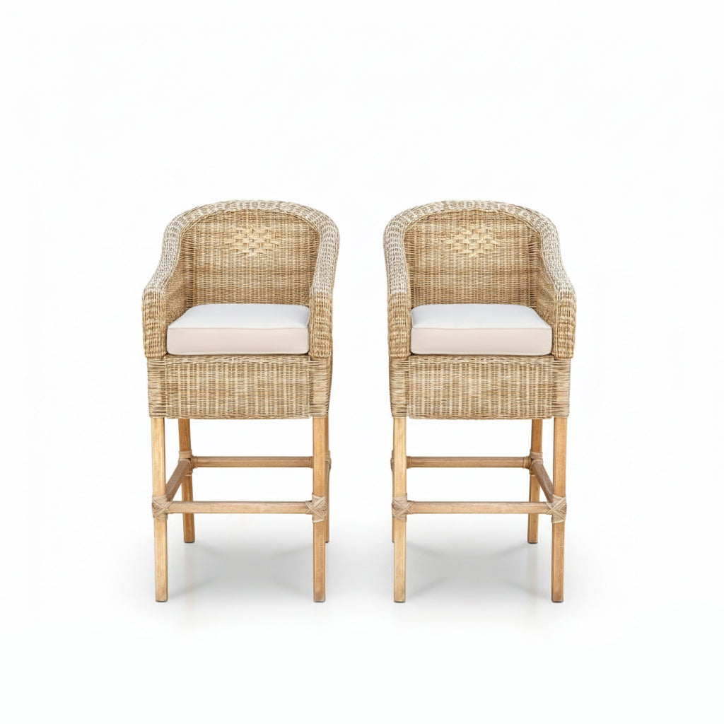 Malawi Furniture - 2 x Classic Bar Stools - Natural - With White Cushions