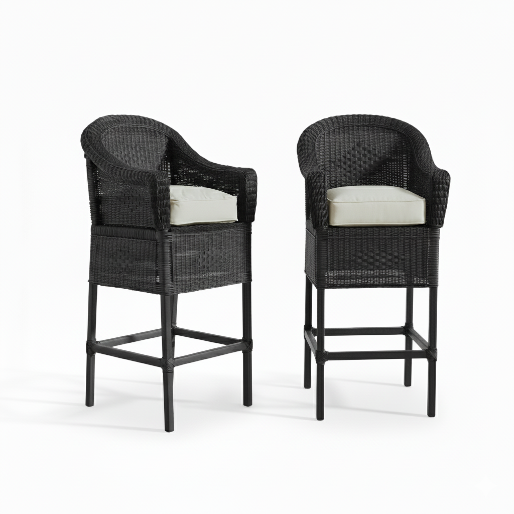 Malawi Furniture - 2 x Classic Bar Stool - Painted Black With White Cushion