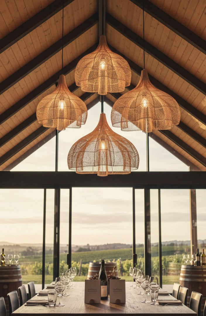 Scalloped Pendant Lampshade - Wine Cellar. Tall roof. Over long table