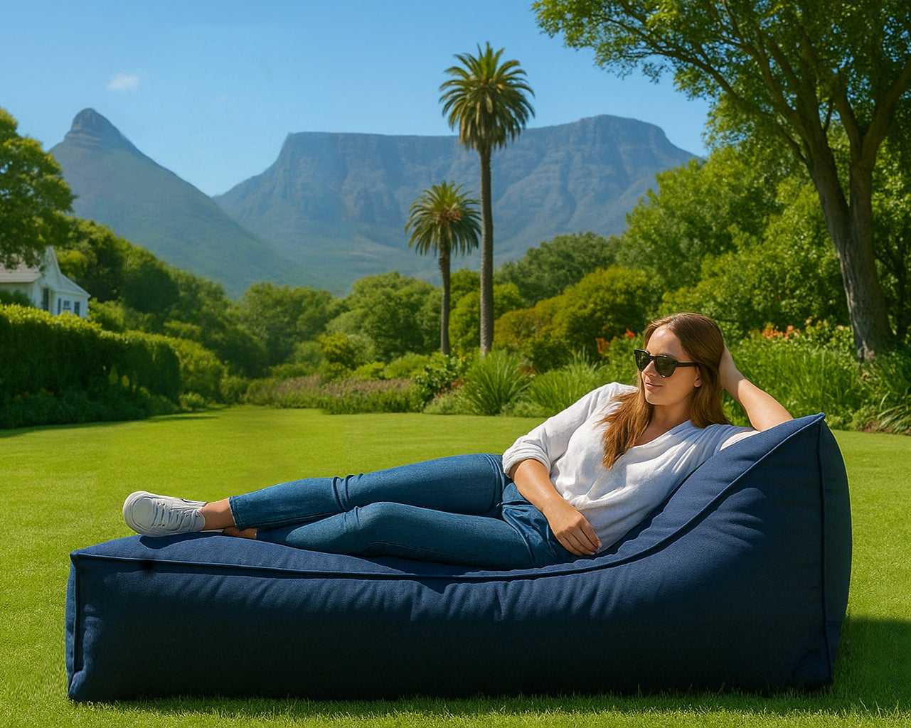 A rectangular daybed lounger with a bold blue fabric, featuring a low, boxy base and a matching angled backrest cushion. The clean white background highlights the modern, casual design and crisp piping detail along the seams.