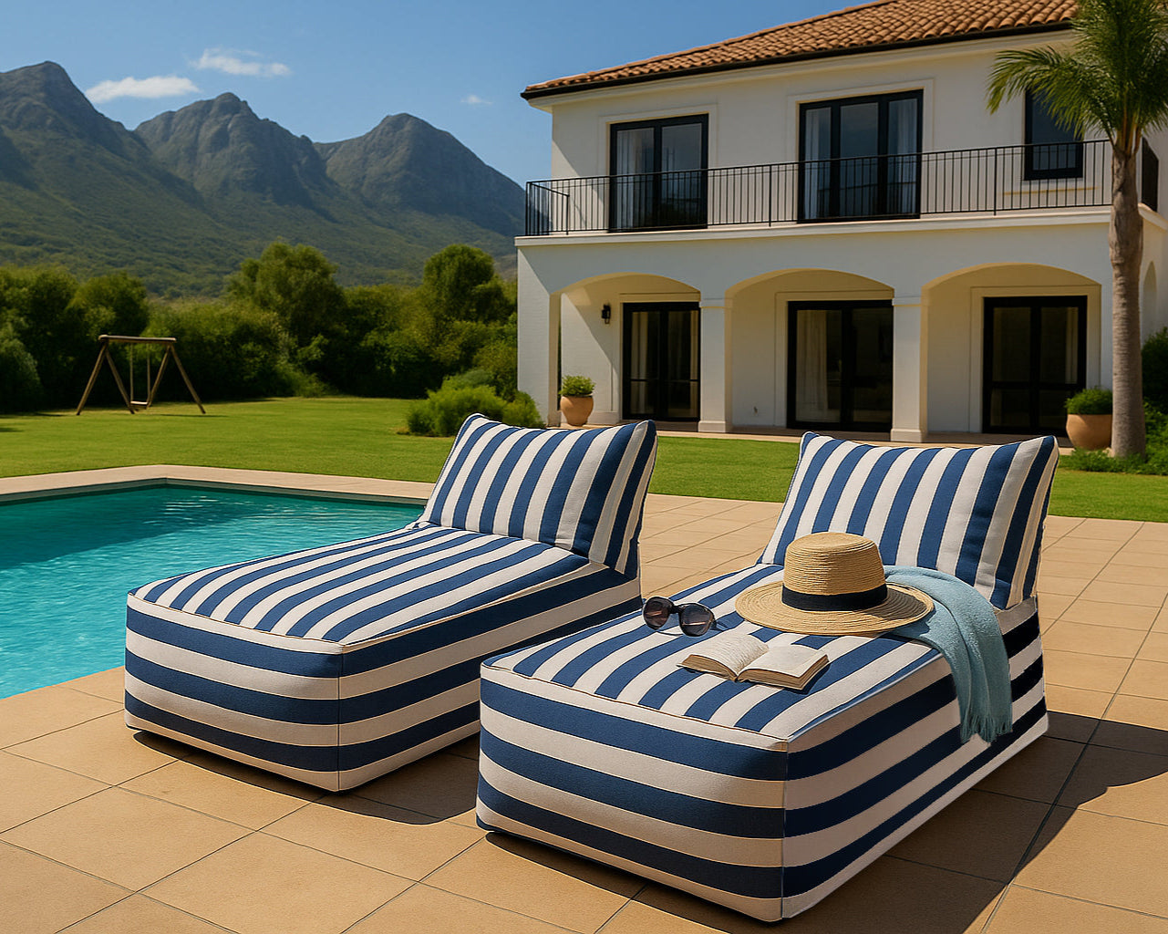 A rectangular daybed lounger with a bold blue and white striped fabric, featuring a low, boxy base and a matching angled backrest cushion. The clean white background highlights the modern, casual design and crisp piping detail along the seams.