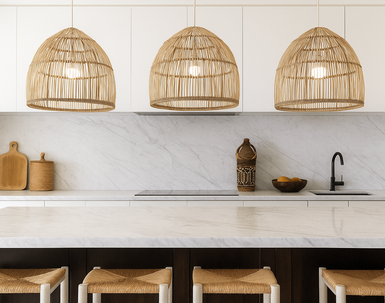 Hand-woven Malawi Rattan Cane ‘Beehive’ pendant lampshade in natural tone (also available in white or black). Crafted with a straight-weave, open structure that allows tropical ambient light to softly filter through. Available in three sizes—small (≈ 40 cm × 50 cm), medium (≈ 50 cm × 60 cm), and large (≈ 60 cm × 70 cm)—and fumigated for home safety. Electrical fittings and bulb not included.