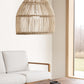 Hand-woven Malawi Rattan Cane ‘Beehive’ pendant lampshade in natural tone (also available in white or black). Crafted with a straight-weave, open structure that allows tropical ambient light to softly filter through. Available in three sizes—small (≈ 40 cm × 50 cm), medium (≈ 50 cm × 60 cm), and large (≈ 60 cm × 70 cm)—and fumigated for home safety. Electrical fittings and bulb not included.