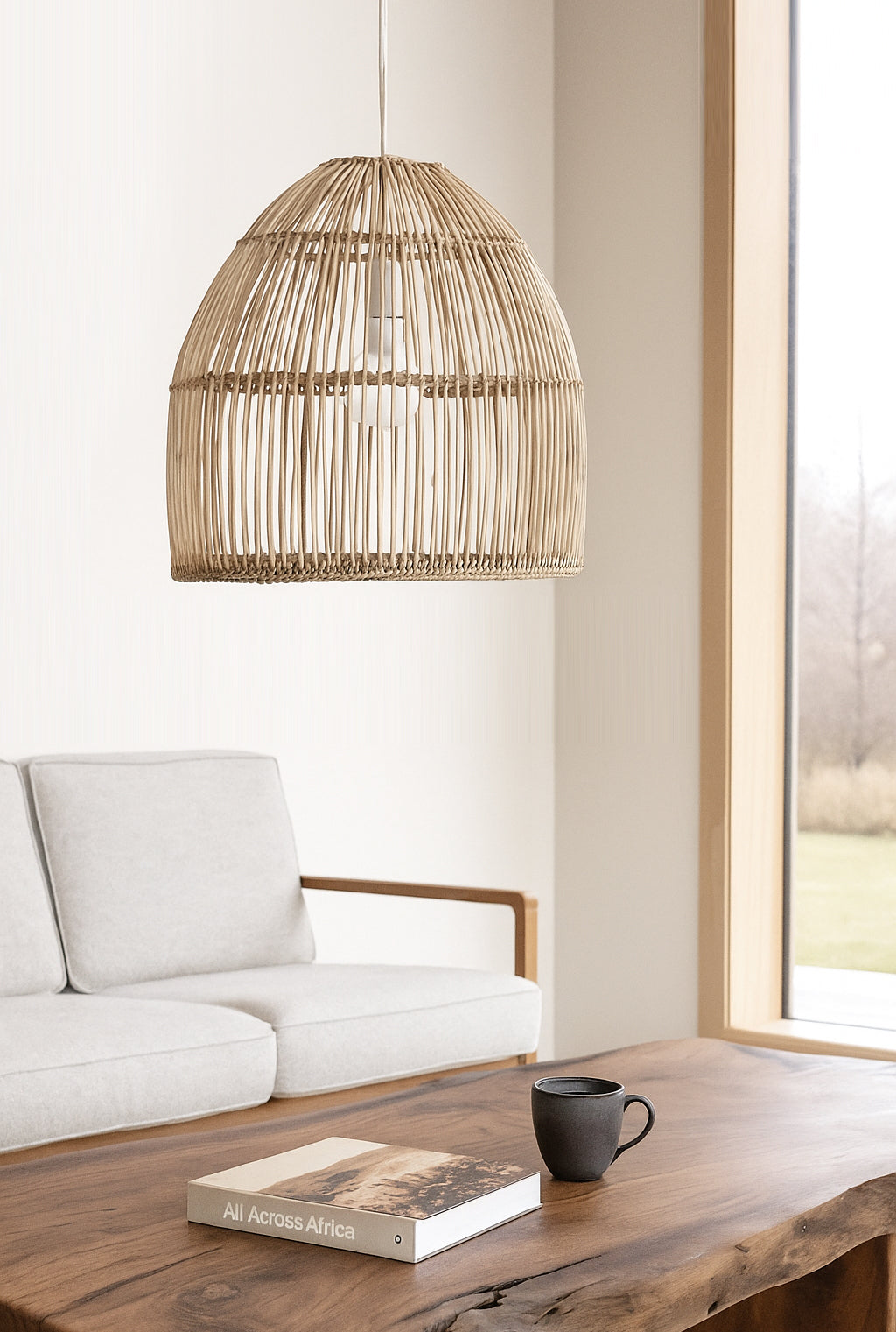 Hand-woven Malawi Rattan Cane ‘Beehive’ pendant lampshade in natural tone (also available in white or black). Crafted with a straight-weave, open structure that allows tropical ambient light to softly filter through. Available in three sizes—small (≈ 40 cm × 50 cm), medium (≈ 50 cm × 60 cm), and large (≈ 60 cm × 70 cm)—and fumigated for home safety. Electrical fittings and bulb not included.