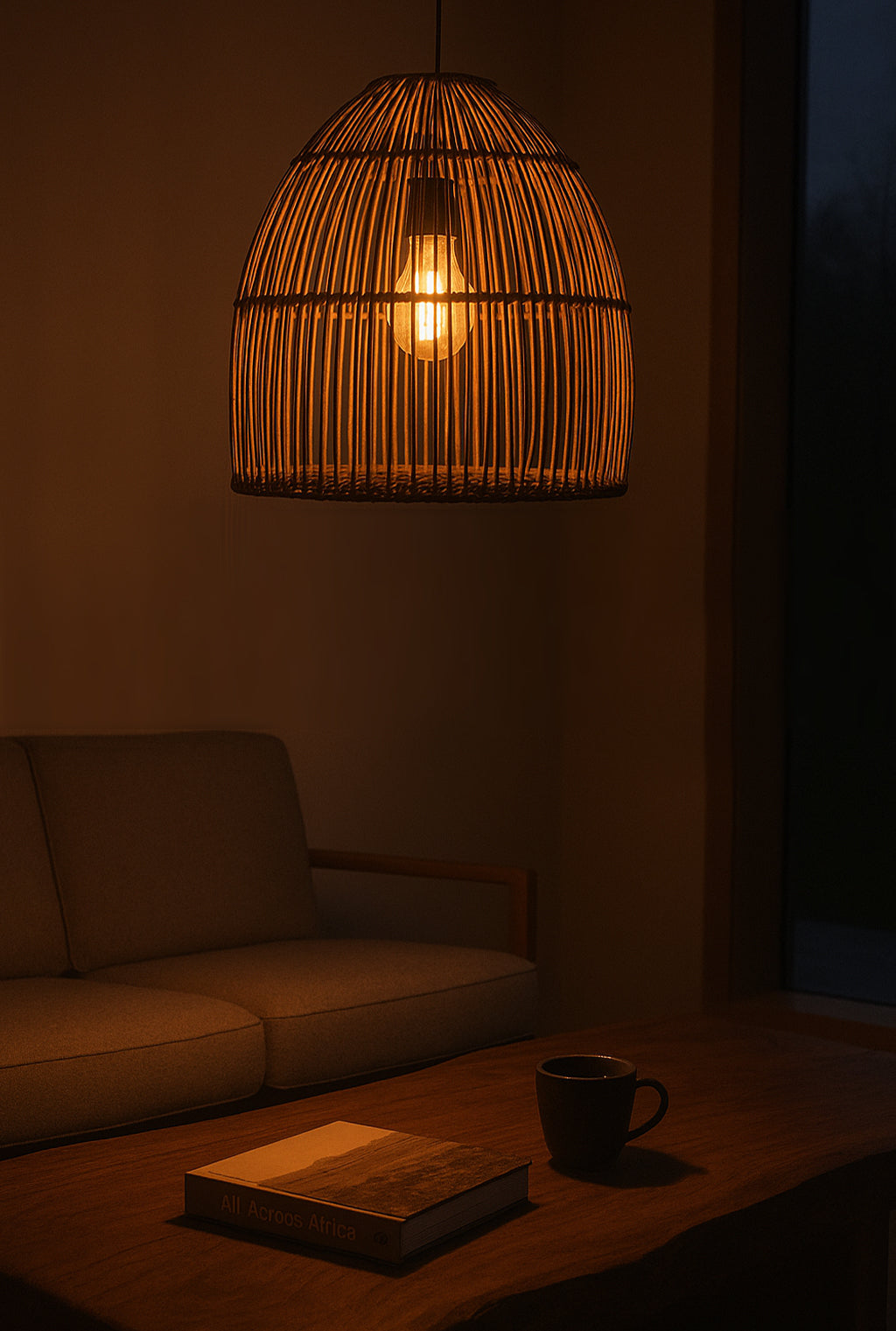 Hand-woven Malawi Rattan Cane ‘Beehive’ pendant lampshade in natural tone (also available in white or black). Crafted with a straight-weave, open structure that allows tropical ambient light to softly filter through. Available in three sizes—small (≈ 40 cm × 50 cm), medium (≈ 50 cm × 60 cm), and large (≈ 60 cm × 70 cm)—and fumigated for home safety. Electrical fittings and bulb not included.