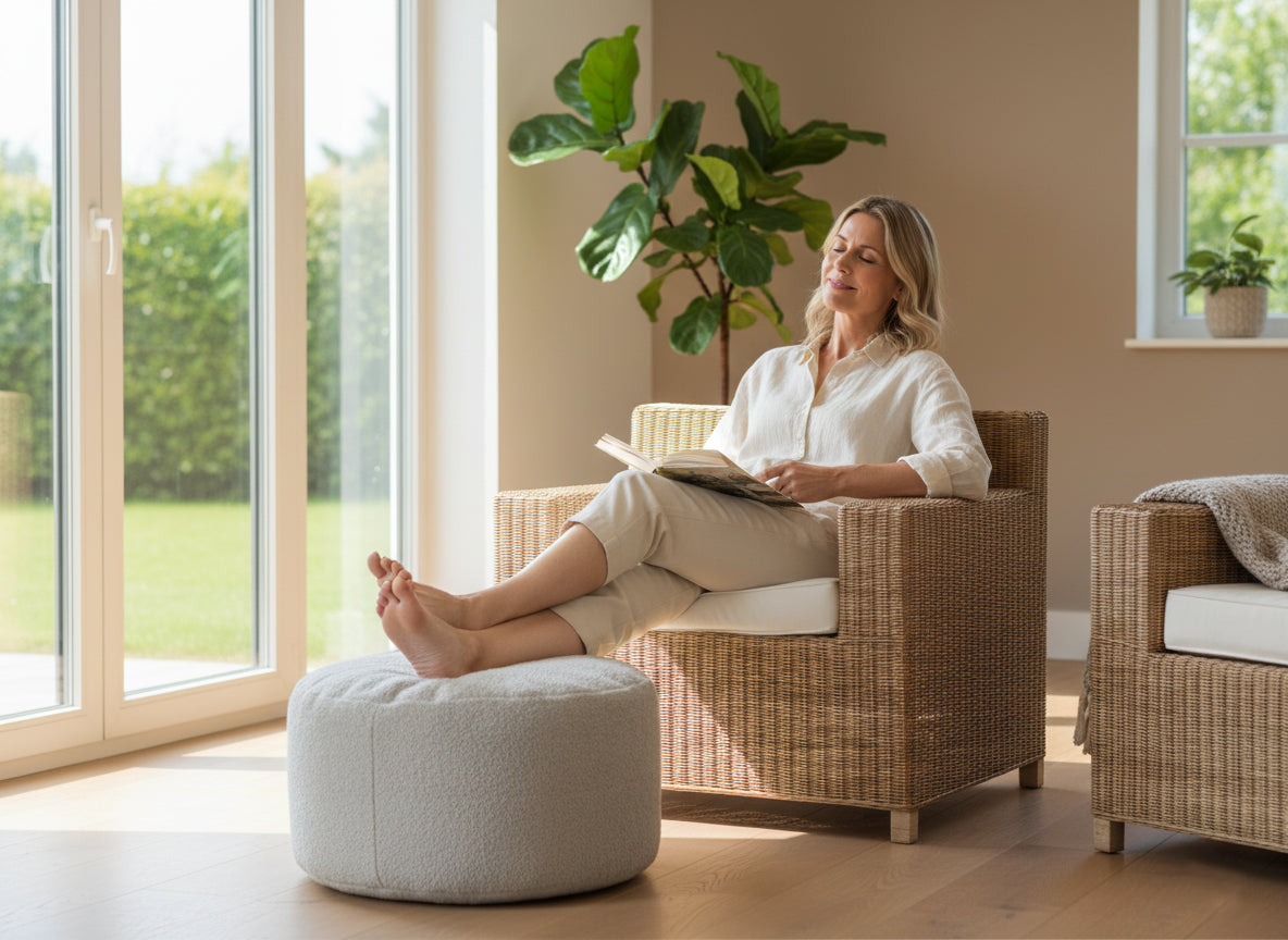 Malawi Furniture - Box Chair Single - Lady relaxing in sun