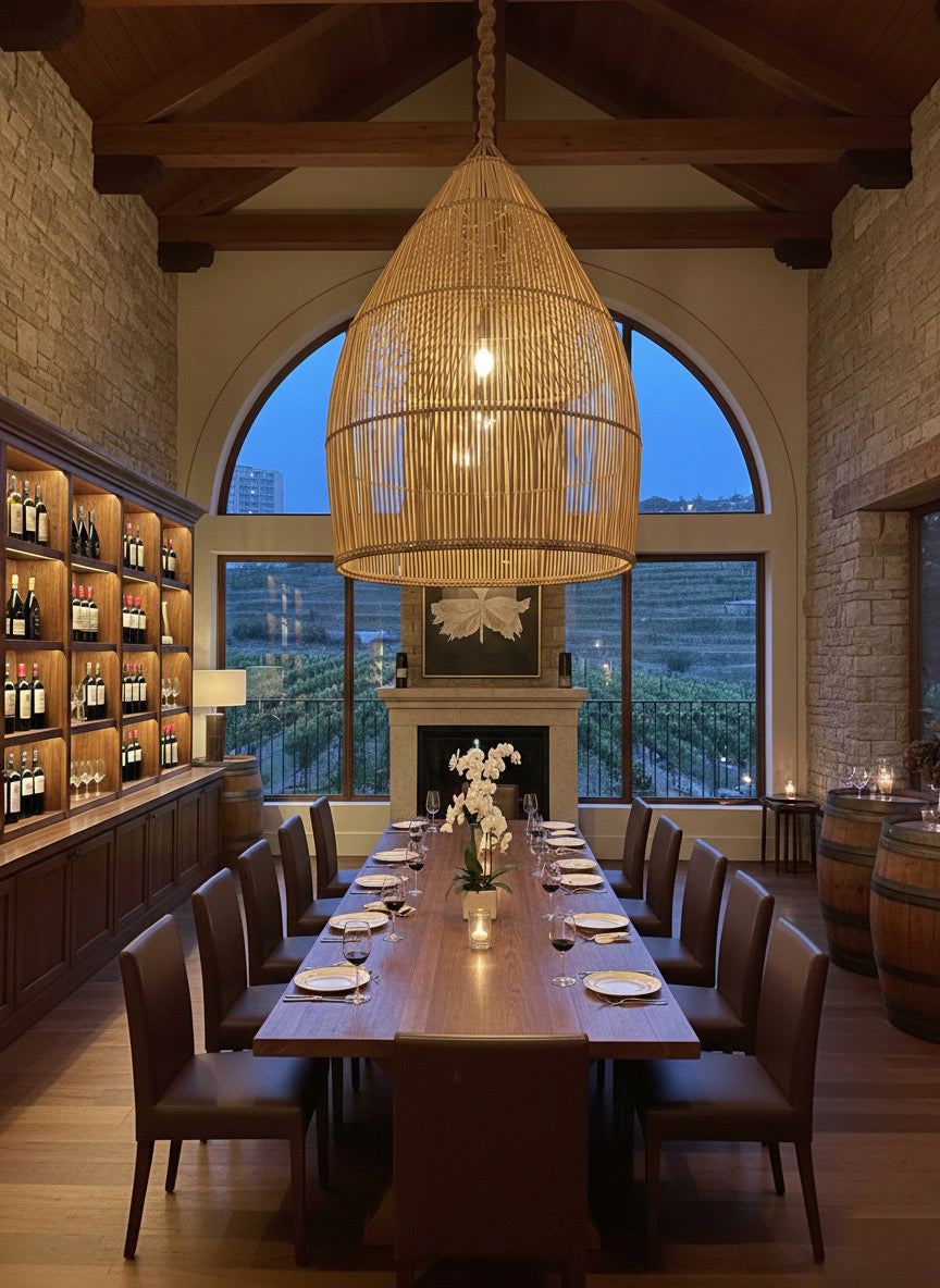 Malawi Furniture - Bwato Canoe Lampshade Large in Wine Cellar - Side View